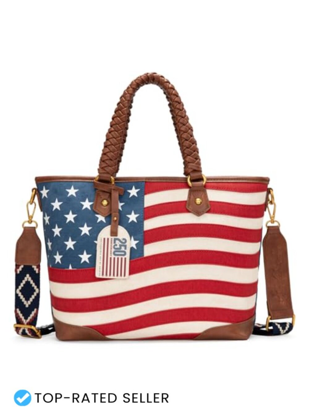 Vintage Western Patriotic Tote Bag Faux Leather Braided Top Handles Shoulder